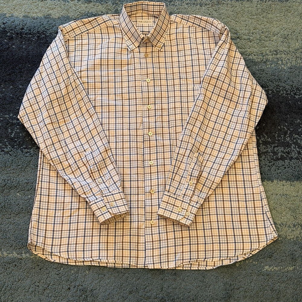 Bullock & Jones Men's Large Button Up Long Sleeve Shirt Brown Blue Plaid
